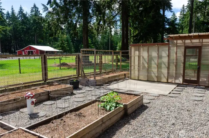Fully prepared raised beds and the greenhouse in the background Fully prepared raised beds and the greenhouse in the background