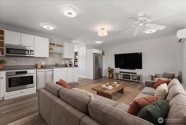 Virtually staged ADU living room and kitchen Virtually staged ADU living room and kitchen