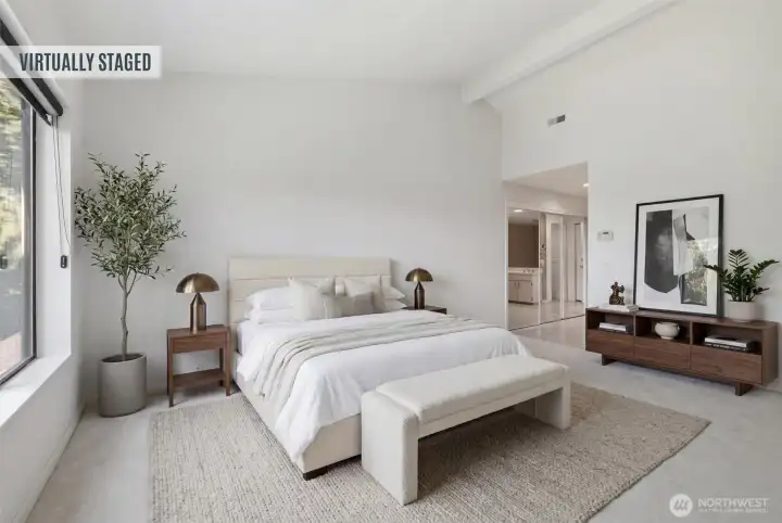 Virtually staged. Spacious primary retreat offering soaring ceilings, oversized windows, and direct access to a spa-inspired ensuite bath. Virtually staged. Spacious primary retreat offering soaring ceilings, oversized windows, and direct access to a spa-inspired ensuite bath.