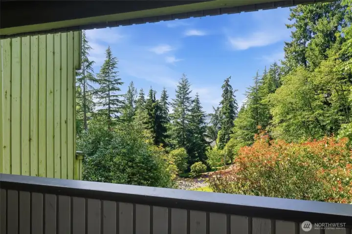 Covered outdoor living space overlooking mature evergreens, manicured grounds, and partial Lake Washington views, creating a peaceful extension of the home's living areas. Covered outdoor living space overlooking mature evergreens, manicured grounds, and partial Lake Washington views, creating a peaceful extension of the home's living areas.