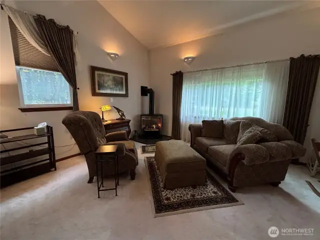 Cozy sitting area with a propane stove.