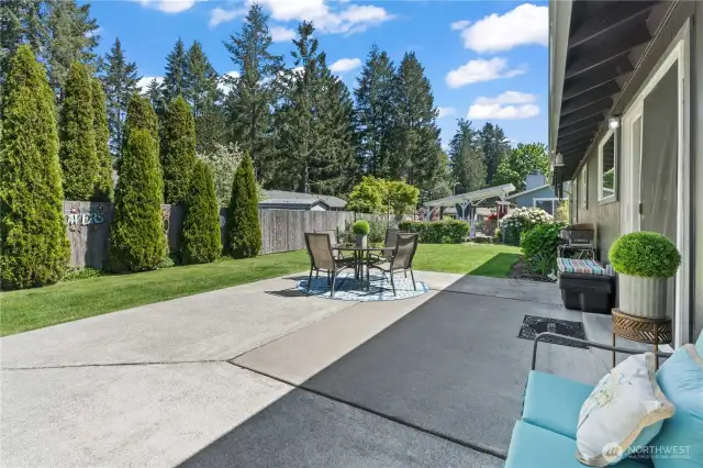 A wider view captures the full stretch of the backyard and patio area, framed by towering pines and lush hedges. This is outdoor living at its finest—private, polished, and perfect for any lifestyle.