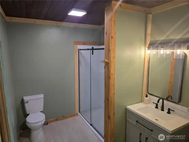 This brand new bathroom has lots of light.