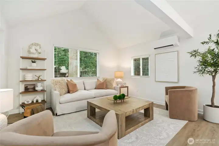 Vaulted living room with lots of light.