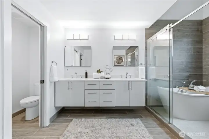 An exceptionally designed, freshly remodeled bathroom.