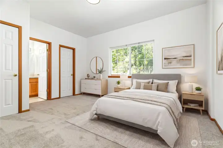 Virtually Staged - Primary Bedroom has walk-in closet and full bath