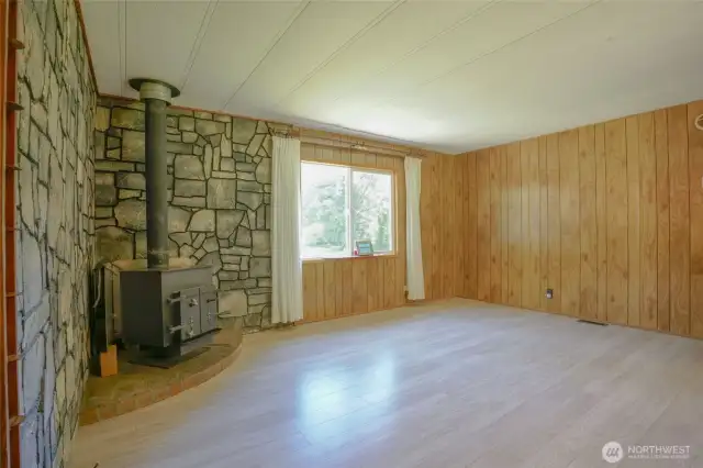 Living room with wood stove.