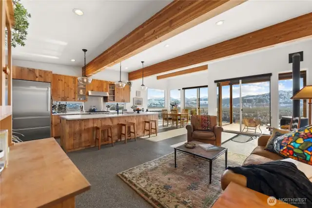 Outdoors framed in floor to ceiling windows!
