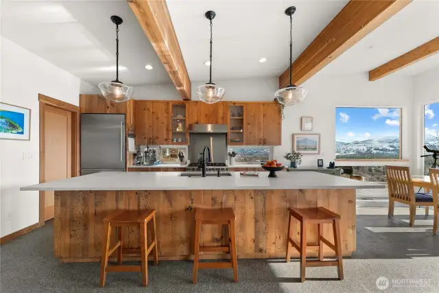Island cooking center with handsome reclaimed wood cabinets!
