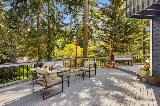 An entertainer’s dream, the oversized wrap-around deck offers multiple seating areas, gorgeous natural backdrops, and a seamless connection to the home’s interior.