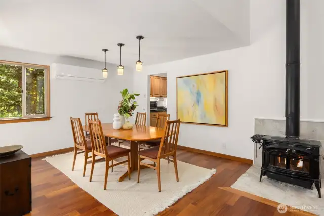 The dining room is near a Vermont Castings wood stove that adds both warmth and character. It’s the perfect spot for intimate dinners and lively conversations on cool island evenings.