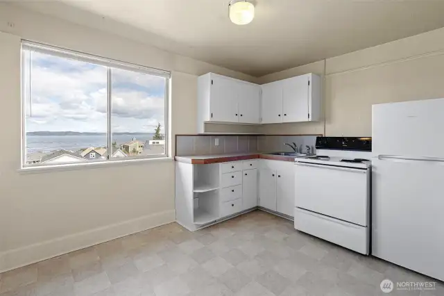 Upper unit kitchen with water view