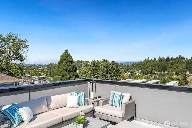 Rooftop deck is surrounded by year-round lush green