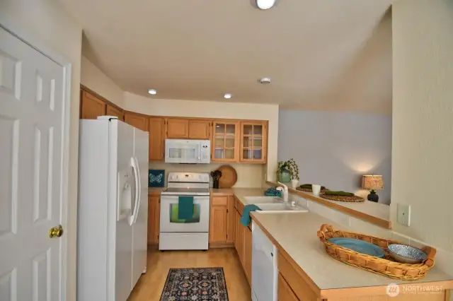Laminate flooring throughout kitchen, family and dinette space.