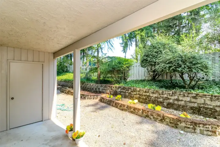 Good Sized Patio, Yard and Storage Closet.