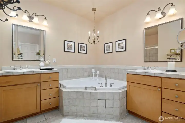 Primary bath with soaking tub.