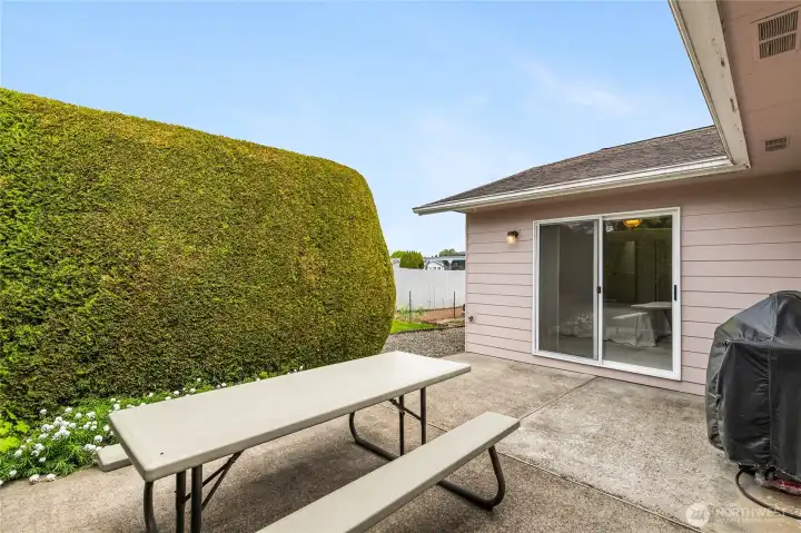 Privacy bushes provide great space off the back patio.