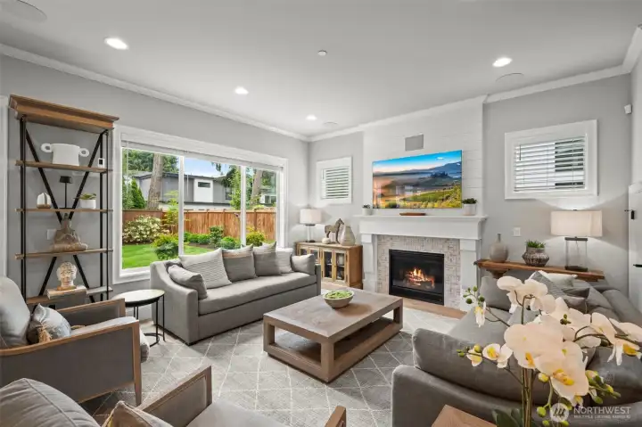 Oversized windows and gas fireplace