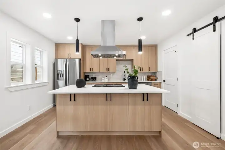 Large kitchen island with plenty of storage underneath.