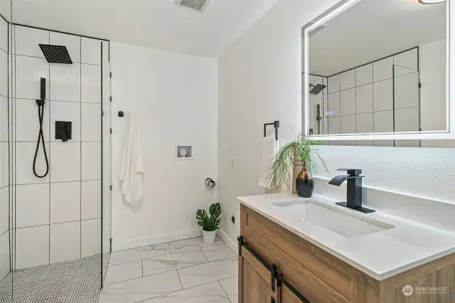 Lower level Bathroom with full size shower, a sink and toilet.