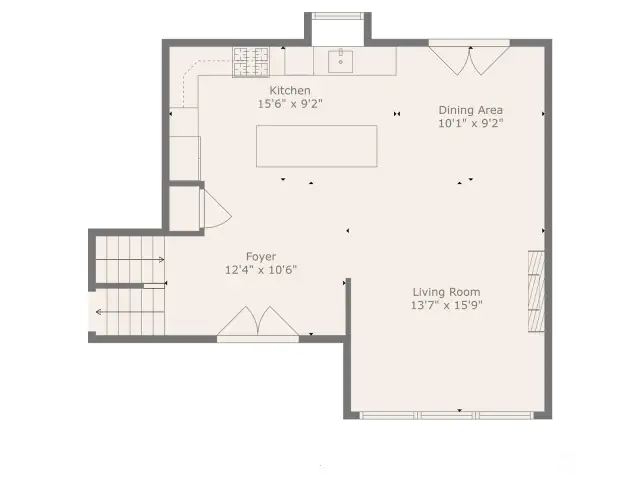 Main Level Floor Plan with Kitchen, dinning  area and Living Room