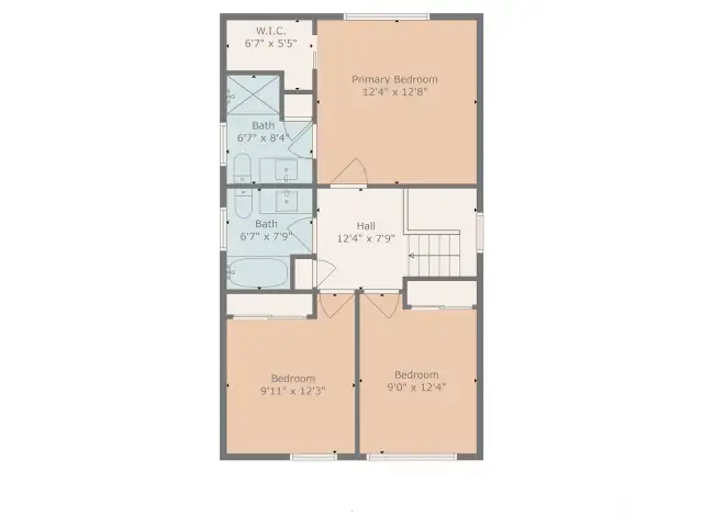 Upper Level Floor Plan with 3bedroom and 2 bathrooms