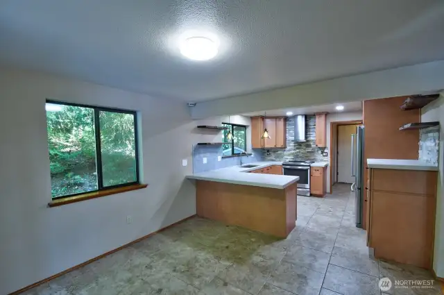 View of the kitchen from the dining area.