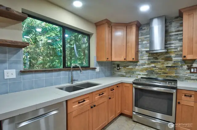 Closer view of the kitchen.