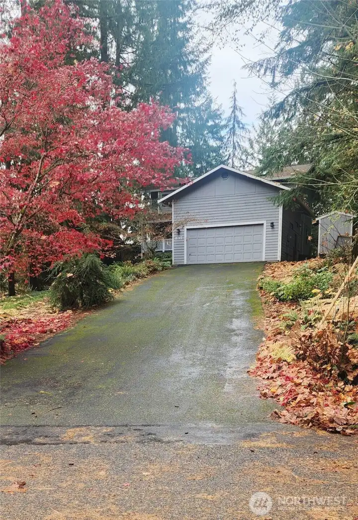 Driveway slopes up to the house from the street.