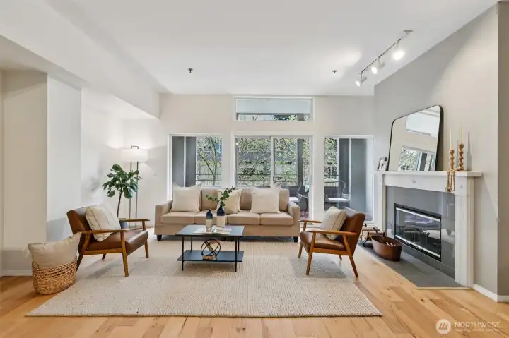 Living Room with Fireplace and 10Ft Windows