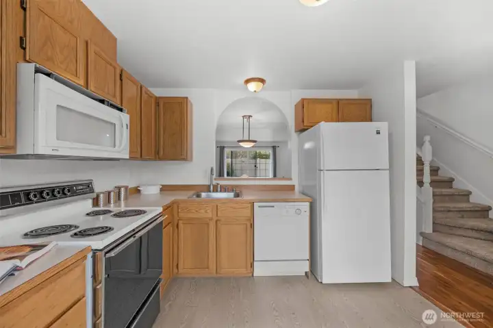 Open kitchen with plenty of counter space and storage.