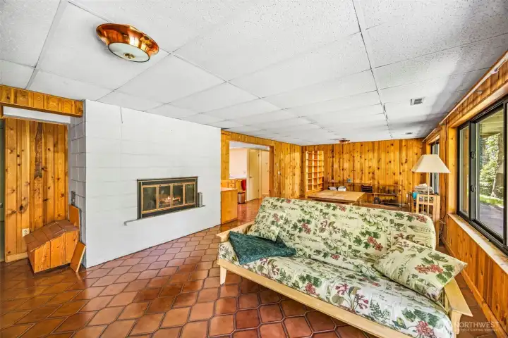 Lower level family room with wood burning fireplace
