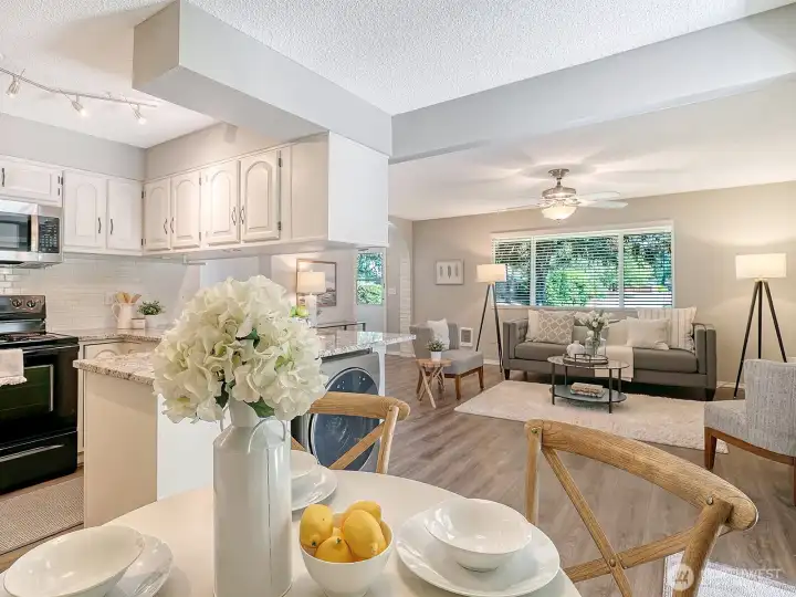 Looking towards Entry, Living, Kitchen, from the Dining Area