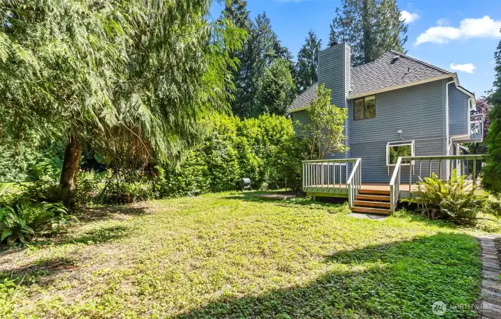 Fully Fenced yard that backs to green space