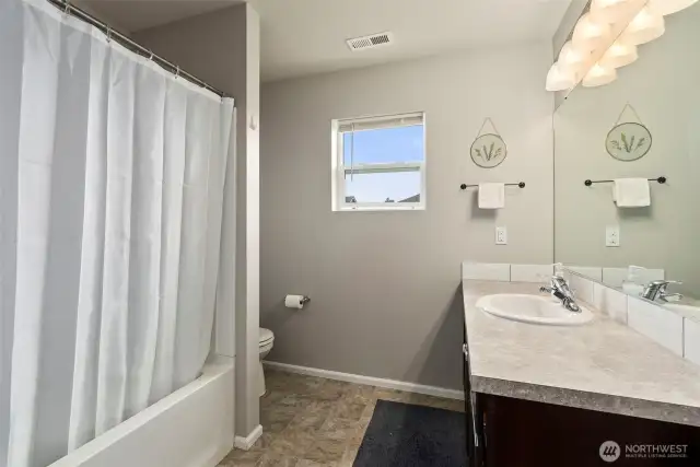 The main hall bath features a full tub/shower combo and a large vanity.