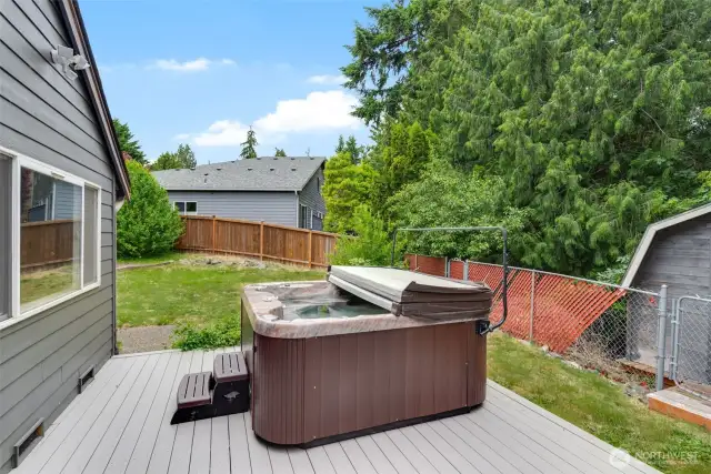 Relax your stress away in the private backyard hot tub!