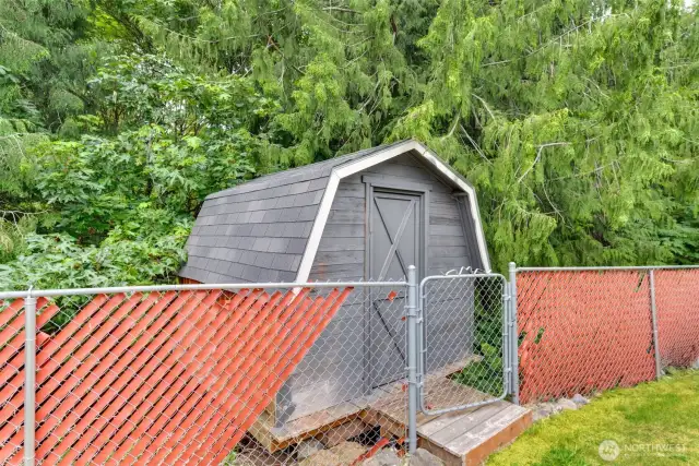 Storage shed off backyard
