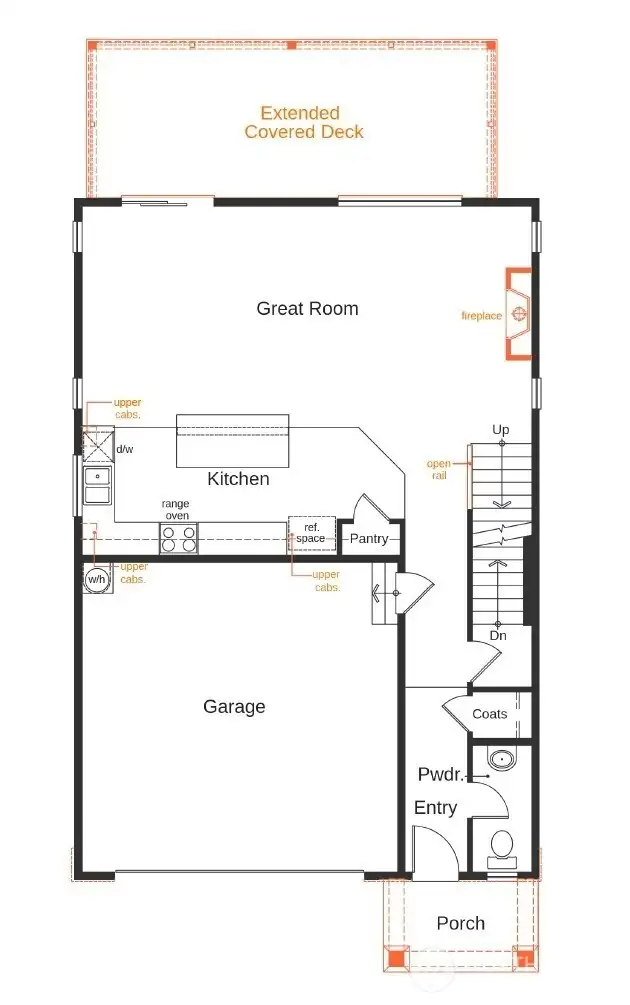 Main floor open layout, fireplace and covered deck