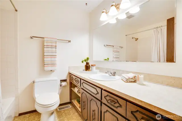A full bath stands in the hall with easy access from the bedrooms and living space.