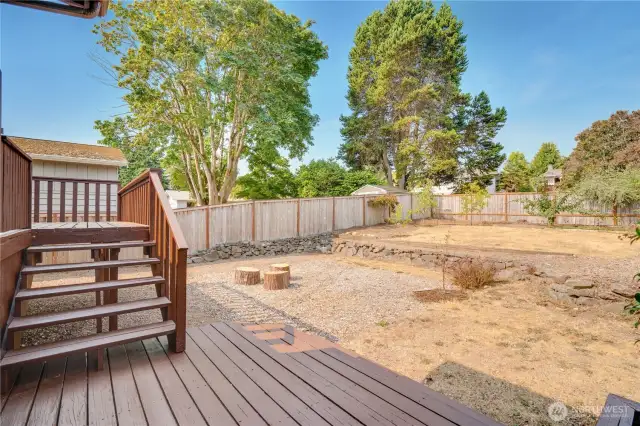 Decorate the lower level of the deck with pots, or set up some outdoor furniture. The sunlight lasts long into the afternoon and evening on this west side of the lot.