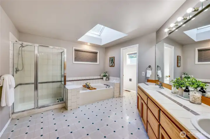 Primary bath is quite spacious and features a skylight and dual sinks.
