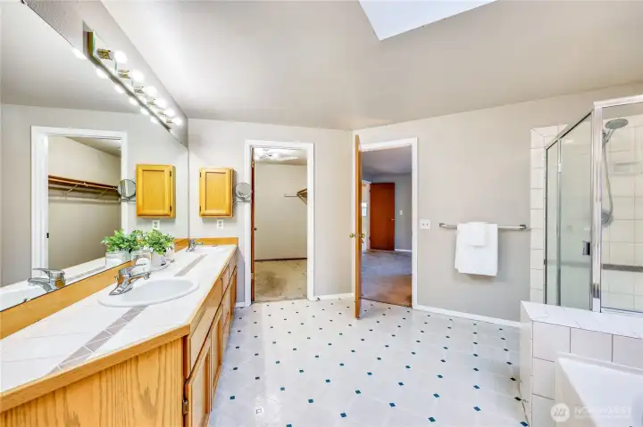 Primary bath with soaking tub, shower, dual sinks and lots of light from the skylight.