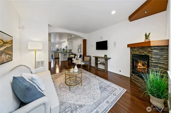 Gas fireplace with tile accents. Attached TV and Bose speakers included.