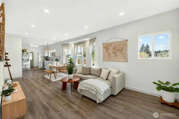 Fully updated open concept living room, dining room and kitchen.