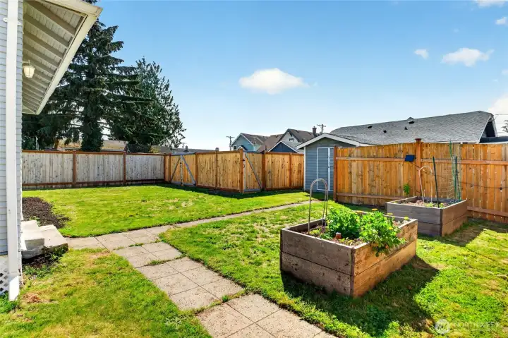 Fully fenced backyard with raised garden beds and Shed.