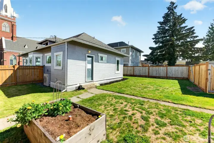 Fully fenced backyard with raised garden beds and Shed.