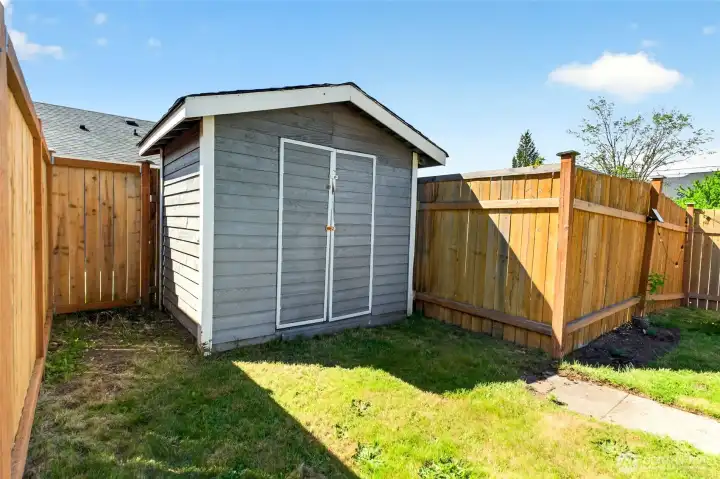 Fully fenced backyard with raised garden beds and Shed.