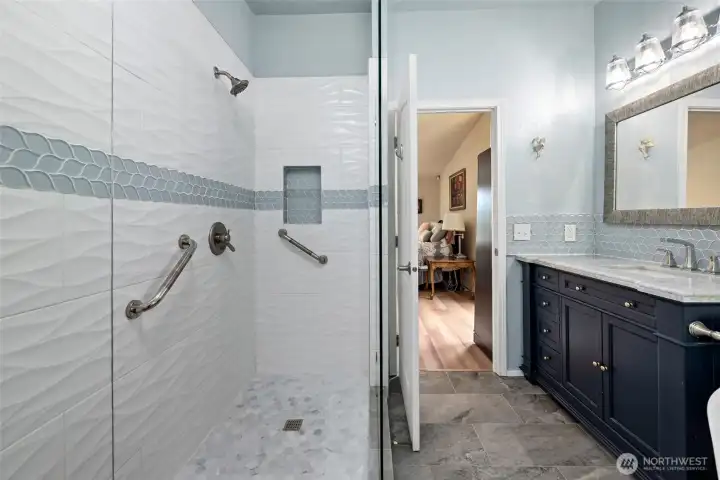 Renovated primary bath with walk in shower