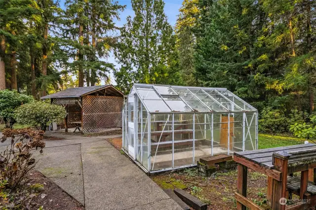 Green house and outdoor covered patio area