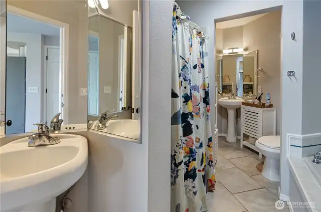 Primary Bath from door at hall and main living area.